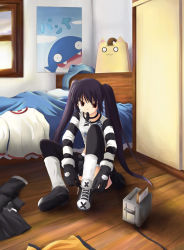 Rule 34 | 1girl, bed, bedroom, black hair, bread slice, catbag, food, gloves, indoors, kooh, long hair, mouth hold, pangya, papel, red eyes, ribbon, room, socks, solo, thighhighs, toast, toaster, twintails