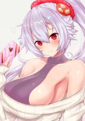 Rule 34 | 1girl, alternate costume, bare shoulders, blush, box, breasts, collarbone, fate (series), gift, gift box, grey background, hair between eyes, hair ornament, halterneck, heart, highres, holding, holding gift, large breasts, long hair, looking at viewer, off-shoulder, off-shoulder sweater, off shoulder, ponytail, red eyes, sankakusui, scrunchie, silver hair, simple background, smile, solo, sweater, tomoe gozen (fate), valentine, white sweater