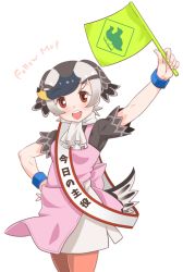Rule 34 | 1girl, :d, apron, bird tail, black hair, booth tomato, brown eyes, brown pantyhose, cowboy shot, english text, flag, grey hair, hand on own hip, head wings, kemono friends, kemono friends 2, multicolored hair, open mouth, pantyhose, pink apron, scarf, short hair, short sleeves, simple background, smile, solo, spot-billed duck (kemono friends), tail, teeth, upper teeth only, white background, white hair, wings, wristband