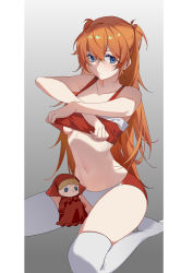 Rule 34 | 1girl, absurdres, bare arms, blue eyes, breasts, buruma, closed mouth, clothes lift, collarbone, commentary, doll, expressionless, gradient background, grey background, highres, lai dou laile 555, lifting own clothes, long hair, looking at viewer, neon genesis evangelion, no shoes, rebuild of evangelion, red buruma, red tank top, shirt lift, sitting, skindentation, small breasts, solo, souryuu asuka langley, tank top, thighhighs, underboob, wariza, white buruma, white thighhighs