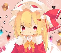 Rule 34 | 1girl, :p, absurdres, alternate costume, blonde hair, checkerboard cookie, collared shirt, cookie, flandre scarlet, food, hair between eyes, hat, hat ribbon, heart, highres, long sleeves, looking at viewer, medium hair, mob cap, multicolored wings, neckerchief, pointy ears, red eyes, red ribbon, red sweater, ribbon, shirt, sleeves past wrists, solo, soru (remonntteumai), sparkle, sweater, tongue, tongue out, touhou, upper body, v-neck, white hat, white shirt, wings, yellow neckerchief