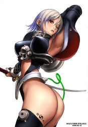 Rule 34 | 1girl, armpits, ass, cowboy shot, dated, holding, holding sword, holding weapon, leg tattoo, one eye closed, orange eyes, ryu (ryu&#039;s form site), silver hair, simple background, solo, sword, tattoo, thighhighs, tube, weapon, white background, wink