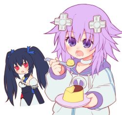 Rule 34 | annoyed, bare shoulders, black hair, breasts, changyoushan, choker, collar, d-pad, d-pad hair ornament, disinterested, dress, food, hair ornament, hair ribbon, hood, hoodie, hungry, jacket, long hair, medium breasts, neptune (neptunia), neptune (series), noire (neptunia), open mouth, parka, plate, pudding, purple eyes, purple hair, red eyes, ribbon, short hair, simple background, small breasts, spoon, teeth, tsundere, twintails, very long hair, waistcoat, white background, yamayama