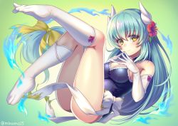 Rule 34 | 1girl, aqua hair, bare shoulders, blue fire, blue one-piece swimsuit, blush, bow, breasts, casual one-piece swimsuit, cleavage, closed mouth, elbow gloves, fate/grand order, fate (series), feet, fingers together, fire, flower, full body, gloves, gradient background, green background, hair flower, hair ornament, hands on own chest, hibiscus, horns, kiyohime (fate), kiyohime (fate/grand order), kiyohime (swimsuit lancer) (fate), kiyohime (swimsuit lancer) (second ascension) (fate), kneehighs, legs up, long hair, looking at viewer, lying, medium breasts, minamo25, no shoes, on back, one-piece swimsuit, red bow, smile, socks, solo, steepled fingers, swimsuit, thighs, twitter username, very long hair, white bow, white gloves