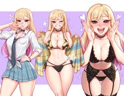 Rule 34 | 1girl, :d, artist name, bare shoulders, black bra, black choker, black necktie, black panties, blonde hair, blush, blushyspicy, bra, breast pocket, breasts, choker, cleavage, collarbone, collared shirt, ear piercing, earrings, garter belt, grin, heart, jewelry, kitagawa marin, lace, lace-trimmed bra, lace trim, large breasts, long hair, looking at viewer, multiple views, navel, necklace, necktie, notice lines, one eye closed, open mouth, panties, piercing, pink eyes, plaid, plaid skirt, pleated skirt, pocket, shirt, skirt, smile, sono bisque doll wa koi wo suru, teeth, tongue, underwear, upper teeth only, white shirt