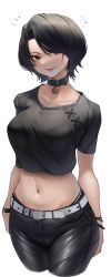 Rule 34 | 1girl, absurdres, arms behind back, belt, black panties, black pants, black shirt, bra strap, bracelet, bralines, breasts, collar, collarbone, commentary, crop top, cropped legs, doomer girl, hair over one eye, harris hero, highleg, highleg panties, highres, jewelry, large breasts, leather, leather pants, lipstick, looking at viewer, makeup, midriff, navel, original, panties, pants, panty peek, panty straps, shiny clothes, shirt, short sleeves, simple background, smile, solo, star (symbol), swept bangs, t-shirt, tight clothes, underwear