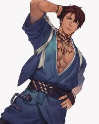 Rule 34 | 1boy, abs, artist name, belt, bracelet, brown hair, commission, gloves, highres, japanese clothes, jewelry, jouvru, kimono, looking at viewer, male focus, muscular, necklace, original, pectoral cleavage, pectorals, purple eyes, scar, solo, tattoo, yukata