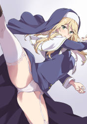 Rule 34 | 1girl, blonde hair, commentary request, earrings, engage kiss, garter straps, gradient background, green eyes, grey background, hair between eyes, highres, jewelry, kicking, long hair, long sleeves, looking at viewer, nun, panties, rasahan, sharon holygrail, solo, standing, standing on one leg, thighhighs, thighs, underwear, white panties, white thighhighs