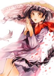 Rule 34 | 1girl, ajirogasa, black hair, braid, brown hat, buttons, capelet, cherry blossoms, dress, grey dress, hat, long hair, long sleeves, looking at viewer, open mouth, own hands together, red eyes, red ribbon, ribbon, snow, solo, touhou, twin braids, white background, yane (gokuderanyan), yatadera narumi