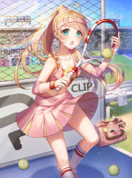 Rule 34 | 1girl, :o, ahoge, aqua eyes, bag, ball, bare shoulders, bench, blonde hair, blue sky, blush, bottle, breasts, chain-link fence, cloud, collarbone, commentary, crop top, day, fence, floating hair, headband, holding, kneehighs, long hair, looking at viewer, medium breasts, midriff, miniskirt, navel, open mouth, original, outdoors, pink shirt, pink skirt, pleated skirt, ponytail, racket, rainbow, roang, shadow, shirt, shoes, sidelocks, skirt, sky, sleeveless, sleeveless shirt, sneakers, socks, solo, sportswear, sweat, tennis, tennis ball, tennis racket, tennis uniform, towel, very long hair, water bottle, white socks, wind, wind lift, wristband