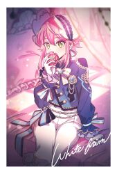 Rule 34 | 1boy, androgynous, border, buttons, commentary request, covered mouth, dot nose, ensemble stars!, flower, gloves, green eyes, hat, highres, himemiya tori, holding, holding flower, long sleeves, looking at viewer, male focus, official alternate costume, partial commentary, pillow, pink hair, short hair, sidelocks, sitting, solo, user vzxu4543, white border, white brim (ensemble stars!), white gloves