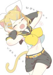 Rule 34 | 1girl, animal ears, belt, blonde hair, blush, bow, cat ears, cat girl, cat tail, closed eyes, commentary request, completion time, covering own ears, crop top, detached sleeves, fang, hair bow, hair ornament, hairclip, hands up, highres, kagamine rin, midriff, navel, neckerchief, noa (retsuhim6927), open mouth, sailor collar, shirt, short hair, shorts, skin fang, sleeveless, sleeveless shirt, solo, tail, translation request, vocaloid