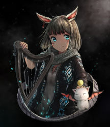 Rule 34 | absurdres, akdove, animal ears, black cardigan, blue eyes, blunt bangs, cardigan, cat ears, cropped torso, earrings, facial mark, final fantasy, final fantasy xiv, grey scarf, hand up, harp, highres, instrument, jewelry, khloe aliapoh, looking at viewer, miqo&#039;te, moogle, patterned clothing, scarf, shirt, short hair, smile, solo, whisker markings, white shirt, wide sleeves