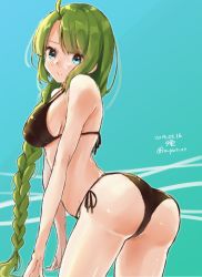Rule 34 | 1girl, ass, bikini, black bikini, blue background, blue eyes, braid, braided ponytail, breasts, character name, cowboy shot, dated, from behind, green hair, kantai collection, leaning forward, long hair, looking at viewer, medium breasts, mole, mole under mouth, one-hour drawing challenge, side-tie bikini bottom, single braid, solo, standing, swimsuit, twitter username, u yuz xx, very long hair, yuugumo (kancolle)