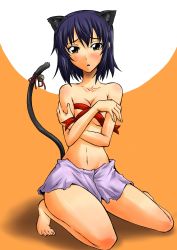Rule 34 | 00s, 1girl, animal ears, atlus, barefoot, bell, blue hair, blush, breast hold, breasts, cat ears, cat tail, cleavage, covering privates, covering breasts, kneeling, morimoto kanaru, navel, open mouth, persona, persona trinity soul, ribbon, segami daisuke, skirt, solo, tail, topless