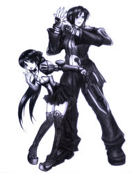 Rule 34 | 1boy, 1girl, arms up, dazzle (shinkonryu), greyscale, holding, holding weapon, leaning forward, long sleeves, looking at viewer, looking to the side, low ponytail, miniskirt, monochrome, original, outstretched arm, pants, pigeon-toed, pleated skirt, shoes, simple background, skirt, thighhighs, uniform, unsheathed, weapon, white background, zettai ryouiki