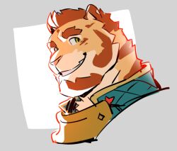 Rule 34 | 1boy, animal ears, another eidos-r, bara, collar, corca (another eidos), facial hair, furry, furry male, goatee, huge eyebrows, looking at viewer, male focus, orange fur, portrait, posporo, red hair, short hair, sideburns, sketch, smile, solo, tiger boy, tiger ears, tiger stripes, two-tone background