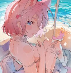 Rule 34 | 1girl, absurdres, animal ears, bare shoulders, barefoot, beach, bikini, blue eyes, commentary, hakui koyori, highres, hololive, looking at viewer, looking back, ocean, open mouth, outdoors, pink hair, sakusa nn, short hair, sitting, solo, swimsuit, virtual youtuber