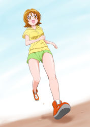 Rule 34 | 1girl, :d, blush, bouncing breasts, breasts, brown eyes, brown hair, dutch angle, from below, fuchi (nightmare), full body, green shorts, hair between eyes, happinesscharge precure!, highres, hood, hood down, hooded sweater, medium breasts, oomori yuuko, open mouth, orange footwear, precure, running, shiny skin, short hair, short shorts, short sleeves, shorts, smile, solo, sweater, upshorts, yellow sweater