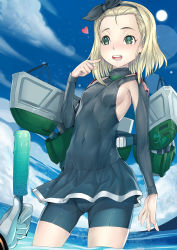 Rule 34 | 10s, 1girl, armpits, asdj, bike shorts, blonde hair, blush, breasts, covered navel, day, dress, drooling, food, green eyes, headband, highres, kantai collection, luigi torelli (kancolle), ocean, open mouth, popsicle, popsicle stick, sky, sleeveless, sleeveless dress, small breasts, solo focus, uit-25 (kancolle), wading