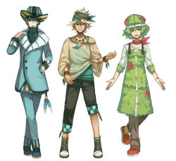 Rule 34 | 3boys, androgynous, aqua hair, aqua hat, asymmetrical clothes, awii, bandana, black pants, blonde hair, blue eyes, blue footwear, blue pants, brown eyes, creatures (company), crocs, cross-laced footwear, formal, full body, game freak, gen 1 pokemon, gen 4 pokemon, gracidea, green eyes, green hair, green hat, hand in pocket, hat, jewelry, leafeon, legendary pokemon, lipstick, makeup, male focus, multiple boys, mythical pokemon, necklace, nintendo, open mouth, outstretched arms, pants, parted lips, personification, pokemon, red footwear, shaymin, shaymin (sky), shoes, smile, sneakers, standing, suit, vaporeon, wristband