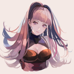 Rule 34 | 1girl, arms behind back, black hairband, breasts, cleavage, cleavage cutout, closed mouth, clothing cutout, commentary request, detached sleeves, earrings, fire emblem, fire emblem: three houses, gloves, hair ornament, hairband, hilda valentine goneril, hoop earrings, jewelry, kabitakamaboko, large breasts, lips, long hair, looking at viewer, nintendo, pink hair, pink lips, purple eyes, red gloves, simple background, smile, solo, upper body, very long hair