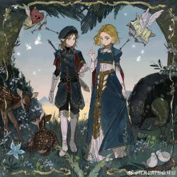 1boy 1girl akihare bird black_pants blonde_hair blue_dress blue_hat bow_(weapon) braid commentary crown_braid deer dondon_(zelda) dress fairy feathered_wings fingerless_gloves fold-over_boots gloves gown grass hat hetero highres holding holding_bow_(weapon) holding_weapon korok link long_dress master_sword nintendo outstretched_hand pants princess princess_zelda royal_guard_set_(zelda) short_hair skirt_hold standing sword tabard the_legend_of_zelda the_legend_of_zelda:_breath_of_the_wild the_legend_of_zelda:_tears_of_the_kingdom valentine watermark weapon weapon_on_back weibo_watermark white_boots white_gloves white_wings wings