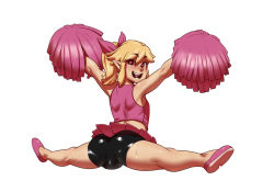 Rule 34 | 1boy, ass, bike shorts, blonde hair, blush, bulge, cheerleader, cheerleader link, crossdressing, from behind, heart, heart-shaped pupils, heart in mouth, john doe (jdart), link, looking back, male focus, nintendo, open mouth, pointy ears, pom pom (cheerleading), ponytail, sidelocks, simple background, skirt, smile, solo, split, sweat, symbol-shaped pupils, the legend of zelda, the legend of zelda: tri force heroes, toon link, trap, white background