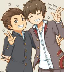 Rule 34 | 2boys, blush, brown background, brown eyes, brown hair, closed eyes, collared shirt, commentary request, gakuran, grey pants, grin, jacket, long sideburns, long sleeves, male focus, protagonist 4 (housamo), multiple boys, open clothes, open jacket, pants, partially unbuttoned, protagonist (f-kare), school uniform, shirt, short hair, shoukan yuusha to f-kei kareshi, sideburns, smile, star (symbol), summon lw, thick eyebrows, tokyo houkago summoners, translated, v, white shirt