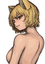 Rule 34 | 1girl, absurdres, animal ears, blonde hair, blush, breasts, chanta (ayatakaoisii), completely nude, fox ears, highres, large breasts, looking at viewer, looking back, nude, short hair, simple background, slit pupils, smile, solo, touhou, upper body, white background, yakumo ran, yellow eyes