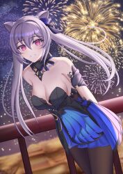Rule 34 | 1girl, absurdres, arms behind back, bare shoulders, black dress, black pantyhose, breasts, cleavage, commentary, cone hair bun, cowboy shot, detached sleeves, dress, dutch angle, fireworks, genshin impact, grin, hair bun, highres, keqing (genshin impact), keqing (opulent splendor) (genshin impact), long hair, looking at viewer, medium breasts, official alternate costume, outdoors, pantyhose, purple eyes, purple hair, railing, short sleeves, sidelocks, smile, solo, standing, strapless, strapless dress, thighs, twintails, very long hair, xaphixu