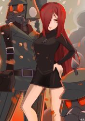Rule 34 | 1girl, 2boys, belt buckle, belt pouch, black egrets, buckle, buttons, cross, cross necklace, double-breasted, fire, gas mask, hair over one eye, hand on own hip, helmet, highres, jewelry, lipstick, long hair, makeup, mask, military uniform, multiple boys, necklace, parasoul (skullgirls), pickelhaube, pouch, red hair, red lips, skirt, skullgirls, smoke, soldier, suitt, suitti, sweater, turtleneck, turtleneck sweater, uniform, yellow eyes