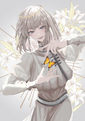 Rule 34 | 1boy, absurdres, androgynous, antinese, blonde hair, bug, butterfly, fate/grand order, fate (series), flower, grey background, grey eyes, grey hair, highres, insect, looking at viewer, male focus, oberon (fate), puffy sleeves, puppet strings, short hair, simple background, smile, solo, standing, string, white flower, yellow butterfly