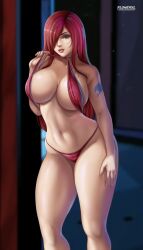 Rule 34 | 1girl, absurdres, bikini, breasts, brown eyes, cleavage, curvy, erza scarlet, fairy tail, female focus, flowerxl, highres, large breasts, long hair, looking at viewer, red hair, sexually suggestive, smile, solo, swimsuit, tattoo