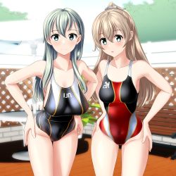 Rule 34 | 2girls, absurdres, beach umbrella, black one-piece swimsuit, clothes writing, competition swimsuit, cowboy shot, fence, green eyes, hair ornament, hairclip, hands on own hips, highres, kantai collection, kumano (kancolle), leaning forward, long hair, looking at viewer, multicolored clothes, multicolored swimsuit, multiple girls, one-piece swimsuit, red one-piece swimsuit, silver hair, suzuya (kancolle), swimsuit, table, takafumi, umbrella