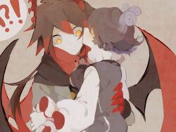 ! 2boys black_hair blush demon_boy demon_horns demon_wings funamusea horns ivlis_(funamusea) kiss kissing_cheek long_sleeves multiple_boys papper-d puffy_long_sleeves puffy_sleeves satanick_(funamusea) scarf wings yellow_eyes