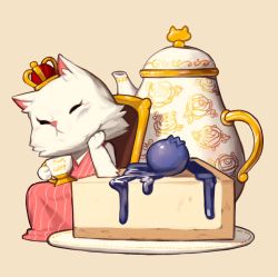 Rule 34 | blueberry, brown background, cat, chair, cheesecake, crown, cup, dress, food, fruit, highres, holding, holding cup, no humans, original, pink dress, plate, rinotuna, simple background, sitting, sleeveless, sleeveless dress, solo, teapot, white cat