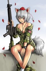 Rule 34 | 1girl, animal ears, assault rifle, autumn leaves, bare shoulders, blush, bottomless, breasts, camouflage, canadian flag, cleavage, collarbone, emblem, falling leaves, geococcyx, gun, hat, inubashiri momiji, leaf, long sleeves, looking at viewer, open mouth, red eyes, rifle, short hair, silver hair, sitting, solo, tail, tokin hat, touhou, watch, wavy mouth, weapon, wolf ears, wolf tail
