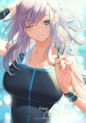 Rule 34 | blue eyes, blush, breasts, cleavage, closed mouth, competition swimsuit, copyright name, fate/grand order, fate (series), floating hair, hair down, hair tie, hand in own hair, highres, holding, large breasts, long hair, miyamoto musashi (fate), miyamoto musashi (fate/grand order), miyamoto musashi (swimsuit berserker) (fate), miyamoto musashi (swimsuit berserker) (first ascension) (fate), one-piece swimsuit, one eye closed, pink hair, poligon (046), smile, summer, swimsuit, upper body, wristband