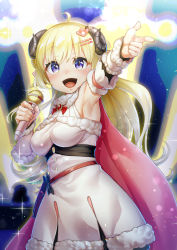 Rule 34 | 1girl, :d, ahoge, animal ears, armpits, belt pouch, blonde hair, blue eyes, breasts, brooch, cape, detached sleeves, dress, fur-trimmed dress, fur-trimmed sleeves, fur trim, hair ornament, hairclip, highres, holding, holding microphone, hololive, horns, jewelry, large breasts, long hair, looking at viewer, microphone, nisui noki, open mouth, pink cape, pointing, pointing at viewer, pouch, sheep ears, sheep girl, sheep horns, sleeveless, sleeveless dress, smile, solo, tsunomaki watame, tsunomaki watame (1st costume), underbust, very long hair, virtual youtuber, white dress