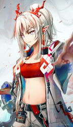 Rule 34 | 1girl, arknights, bad id, bad pixiv id, bandeau, belt, black belt, breasts, closed mouth, commentary, cowboy shot, english commentary, grey background, grin, highres, horns, long hair, looking at viewer, medium breasts, midriff, multicolored hair, navel, nian (arknights), pointy ears, purple eyes, red bandeau, red hair, silver hair, smile, solo, standing, stomach, strapless, streaked hair, tube top, yokaze (yokajie)