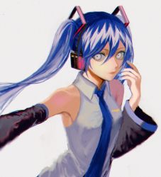 Rule 34 | 1girl, bad id, bad pixiv id, bare shoulders, blue hair, blue nails, blue necktie, collared shirt, detached sleeves, fingernails, grey background, grey shirt, hand up, hatsune miku, headphones, highres, long hair, looking at viewer, nail polish, necktie, p2 (uxjzz), parted lips, reaching, reaching towards viewer, selfie, shirt, simple background, sleeveless, sleeveless shirt, solo, twintails, upper body, vocaloid, white eyes, wide sleeves