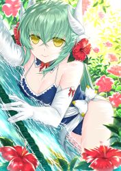 Rule 34 | 1girl, bad id, bad pixiv id, blue one-piece swimsuit, bow, bowtie, breasts, cleavage, closed mouth, detached collar, elbow gloves, fate/grand order, fate (series), flower, gloves, green hair, hair between eyes, hibiscus, horns, kiyohime (fate), kiyohime (fate/grand order), kiyohime (swimsuit lancer) (fate), kiyohime (swimsuit lancer) (second ascension) (fate), long hair, looking at viewer, lying, medium breasts, morizono shiki, on side, one-piece swimsuit, red bow, red bowtie, red hair, school swimsuit, smile, solo, swimsuit, very long hair, white bow, white gloves, yellow eyes