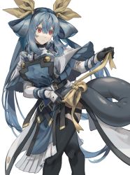Rule 34 | 1girl, absurdres, adjusting bow, artist name, belt, black gloves, black thighhighs, blue hair, bow, commission, cosplay, dizzy (guilty gear), dress, english text, gloves, guilty gear, hair ribbon, hair rings, highres, ky kiske, ky kiske (cosplay), monster girl, oeillet vie, open mouth, pelvic curtain, red eyes, ribbon, sidelocks, simple background, skeb commission, solo, tail, tail ornament, tail ribbon, thigh strap, thighhighs, thighs, twintails, twitter username, tying, uniform, white background, white dress, yellow bow, yellow ribbon