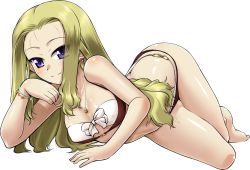 Rule 34 | 1girl, alternate hairstyle, arm support, assam (girls und panzer), barefoot, bikini, black bikini, blonde hair, blue eyes, blush, bracelet, breasts, closed mouth, earrings, eyes visible through hair, front-tie bikini top, front-tie top, girls und panzer, hair down, heart, heart earrings, jewelry, layered bikini, light blush, long hair, looking at viewer, lying, medium breasts, necklace, o-ring, o-ring bikini, on side, r-ex, simple background, smile, solo, swimsuit, white background, white bikini