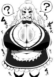 Rule 34 | 1girl, :&gt;, :d, ?, ahoge, apron, arms behind back, body blush, boots, bow, bowtie, breast expansion, breasts, bursting breasts, cleavage, collared shirt, commentary, covered navel, double v, fat, frilled apron, frilled skirt, frilled sleeves, frills, gigantic breasts, greyscale, highres, ichigo kotou, kirisame marisa, long hair, long skirt, looking at viewer, messy hair, monochrome, no headwear, no headwear, obese, open mouth, puffy short sleeves, puffy sleeves, shirt, short sleeves, skirt, skirt set, smile, solo, thick eyebrows, touhou, tsurime, v, vest, waist apron, weight gain, wide hips