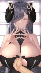 Rule 34 | 1boy, 1girl, akira shiun, august von parseval (azur lane), azur lane, bare shoulders, between breasts, black dress, blush, breasts, cleavage, closed eyes, closed mouth, clothes pull, clothing cutout, commentary request, cross, dress, embarrassed, eyebrows, fingers together, grey hair, hair over one eye, hand gesture, hand under clothes, highres, horns, large breasts, long hair, mechanical horns, solo focus, twitter username, underboob cutout, window