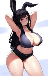 Rule 34 | 1girl, animal ears, armpits, arms behind head, black hair, black shorts, bra, breasts, cleavage, closed mouth, collarbone, cowboy shot, dated, gad the god, grey bra, large breasts, midriff, navel, original, rabbit ears, rabbit girl, red eyes, short shorts, shorts, solo, twitter username, underwear