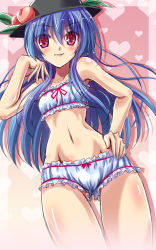 Rule 34 | 1girl, bandeau, bare arms, bare shoulders, blue hair, breasts, cinderella bust, collarbone, food, fruit, hand in own hair, hand on own hip, hat, heart, hinanawi tenshi, long hair, looking at viewer, navel, panties, peach, pink eyes, small breasts, smile, solo, stomach, strapless, touhou, tube top, underwear, underwear only, very long hair, white panties, yamu (reverse noise)