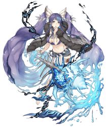 Rule 34 | 1girl, anklet, aqua eyes, bandages, barefoot, blood, bloody bandages, bracelet, breasts, cloak, earrings, fins, full body, fur trim, jewelry, ji no, large breasts, long hair, looking at viewer, midriff, navel, necklace, ningyo hime (sinoalice), official art, purple hair, revealing clothes, sinoalice, solo, tooth necklace, transparent background, very long hair, water